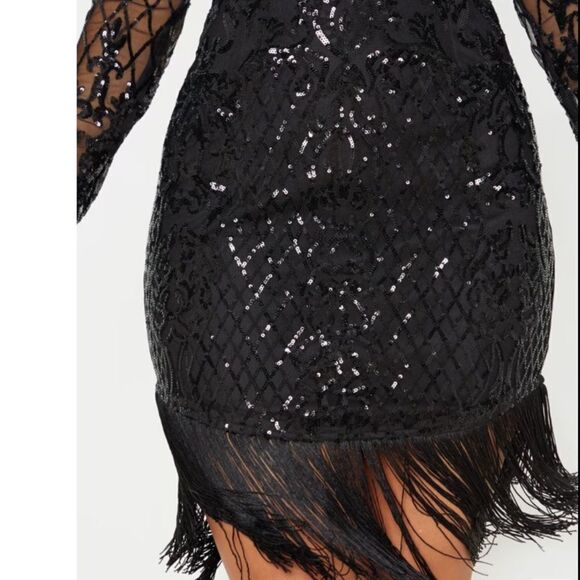 PrettyLittleThing Black Long Sleeve Sequin Tassel Hem Bodycon Dress Size 2 - Picture 5 of 8